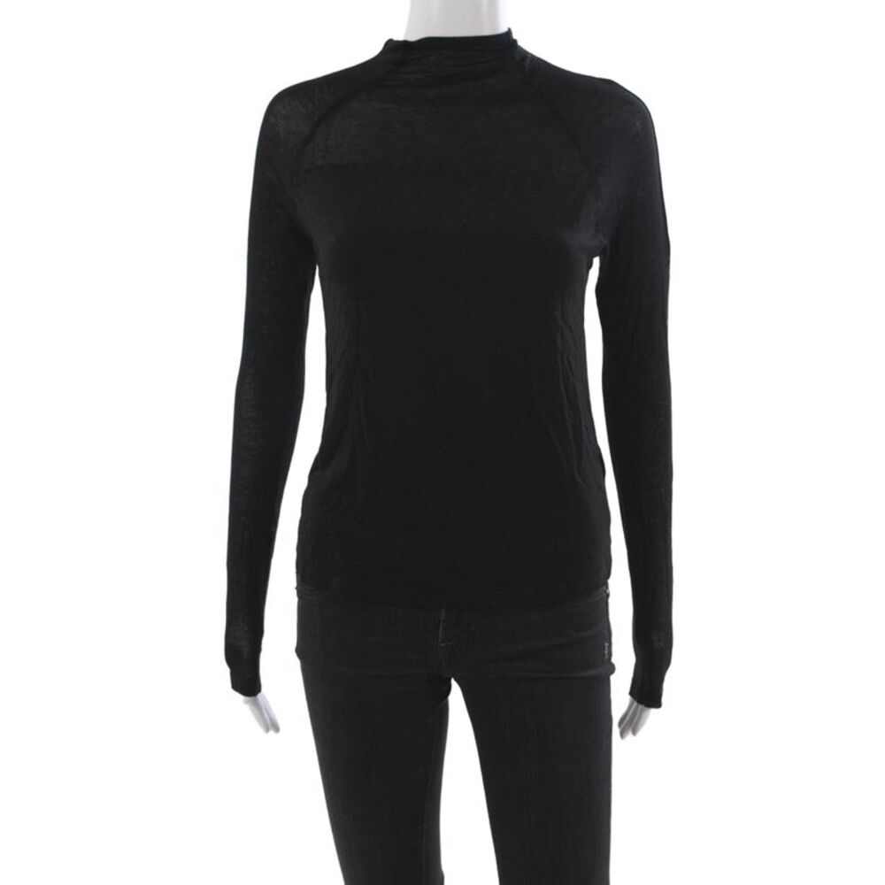 Marcella Women Mock Neck Long Sleeve T-Shirt Tencel Black Basic Pullover Size S